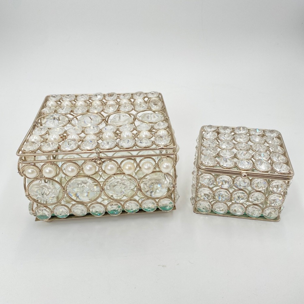 Set of 2 Crystal Rhinestone Beaded Jewelry Mirror Boxes Silver Tone‎ Hinged